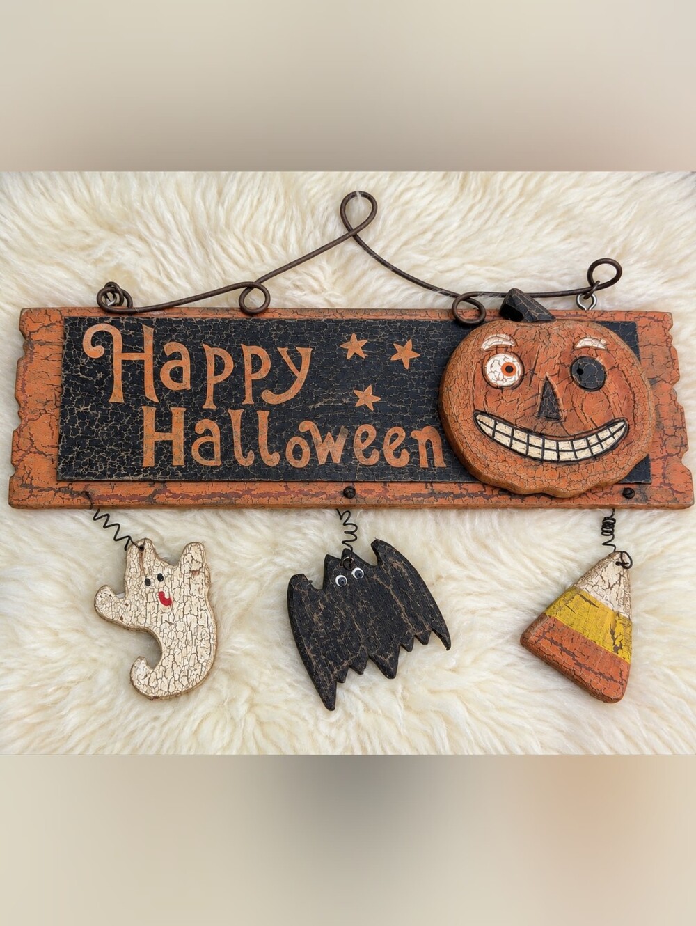 Vintage Style Happy Halloween Pumpkin Ghost Bat Candy Corn Hanging Sign Decor